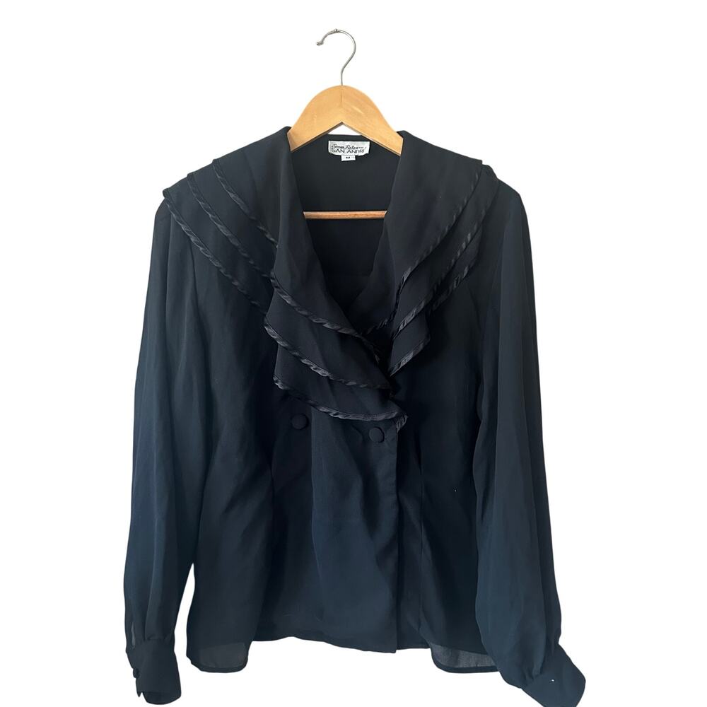 Vintage Sandra Ratan for San Andre Black Ruffle Front Blouse Size M